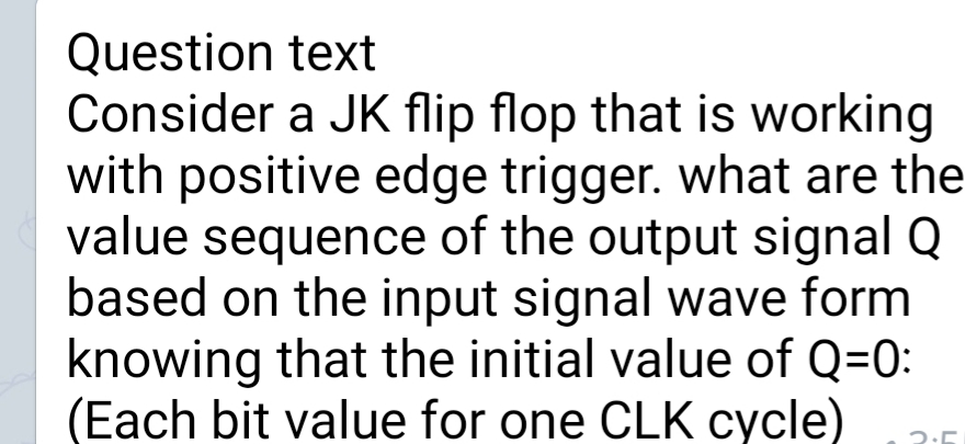Question text
Consider a JK flip flop that is working
with positive edge trigger. what are the
value sequence of the output signal Q
based on the input signal wave form
knowing that the initial value of Q=0:
(Each bit value for one CLK cycle)
2.5
