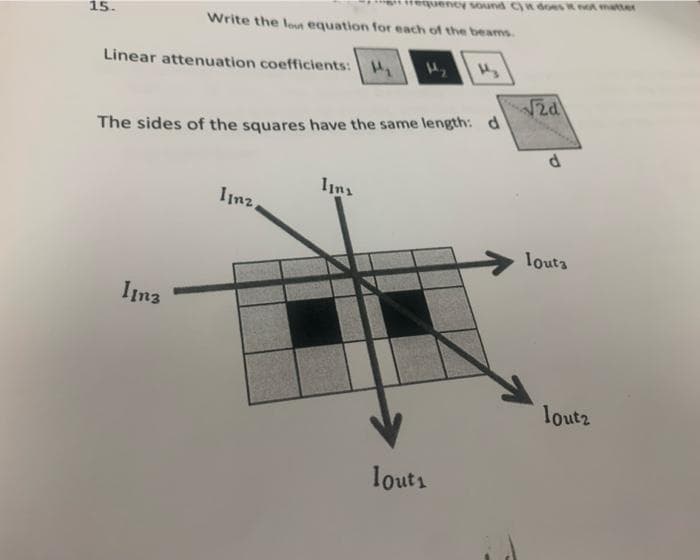 wequency Sound C) does it not matter
15.
Write the lout equation for each of the beams
Linear attenuation coefficients: H
H2
za
The sides of the squares have the same length: d
Iinz
louta
Ina
loutz
louti
