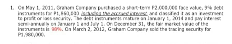 1. On May 1, 2011, Graham Company purchased a short-term P2,000,000 face value, 9% debt
instruments for P1,860,000 including the accrued interest and classified it as an investment
to profit or loss security. The debt instruments mature on January 1, 2014 and pay interest
semi-annually on January 1 and July 1. On December 31, the fair market value of the
instruments is 98%. On March 2, 2012, Graham Company sold the trading security for
P1,980,000.
