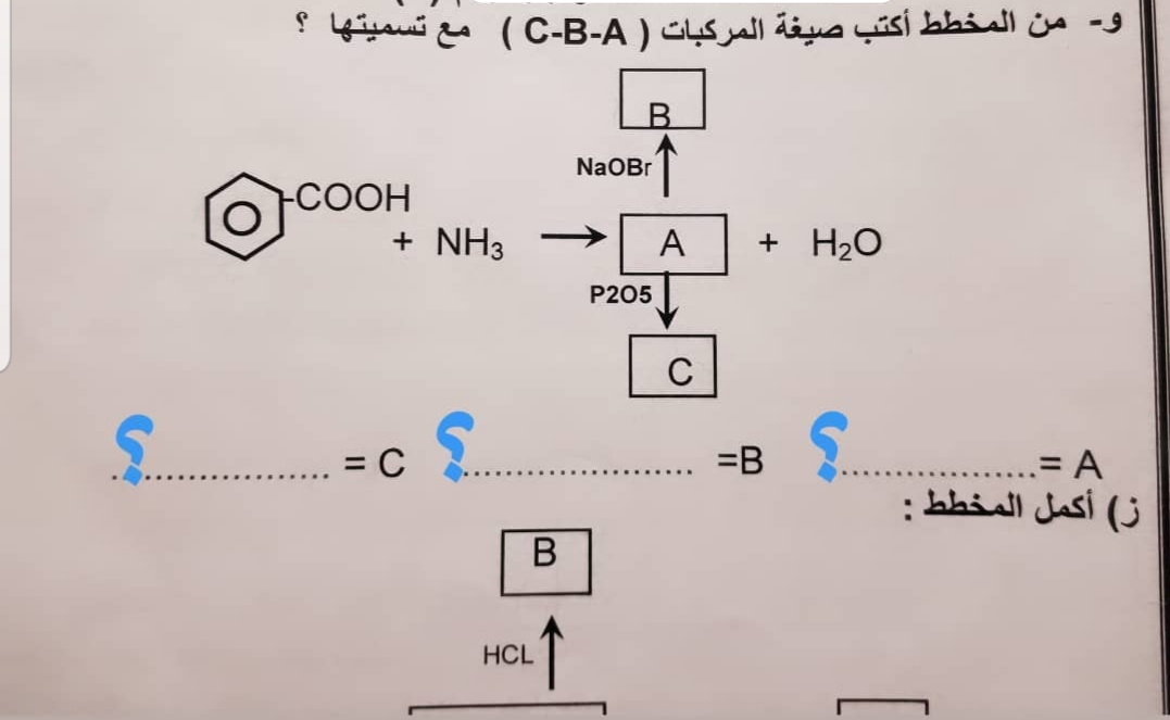 و- من المخط ط أكتب صيغة المركبات ) C-B-A( مع تسميتها ؟
B.
NaOBr
COOH
+ NH3
->
A
+ H2O
P205
C
= C
=B
= A
از( أكمل المخطط :
В
↑
HCL

