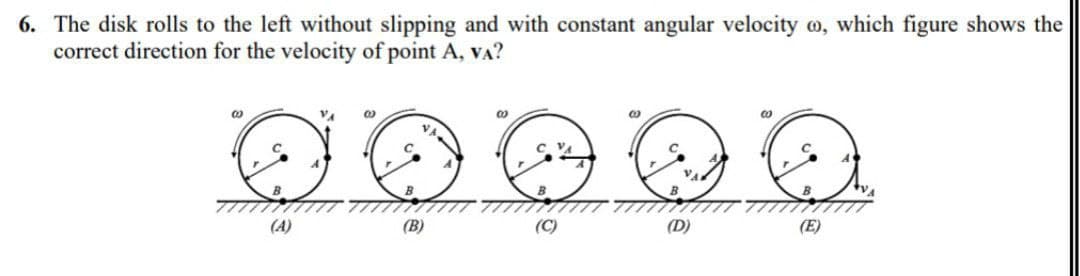 6. The disk rolls to the left without slipping and with constant angular velocity o, which figure shows the
correct direction for the velocity of point A, VA?
B
B
B
B
(A)
(B)
(C)
(D)
(E)
