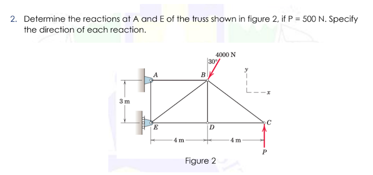 2. Determine the reactions at A and E of the truss shown in figure 2, if P = 500 N. Specify
the direction of each reaction.
4000 N
30%
B
3 m
E
4 m
Figure 2
