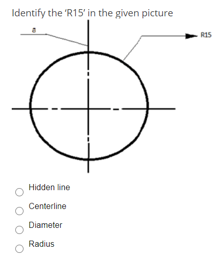 Identify the 'R15' in the given picture
a
R15
Hidden line
Centerline
Diameter
Radius
