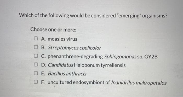 Which of the following would be considered "emerging" organisms?
Choose one or more:
A. measles virus
B. Streptomyces coelicolor
C. phenanthrene-degrading Sphingomonas sp. GY2B
D. Candidatus Halobonum tyrrellensis
OE. Bacillus anthracis
OF. uncultured endosymbiont of Inanidrilus makropetalos