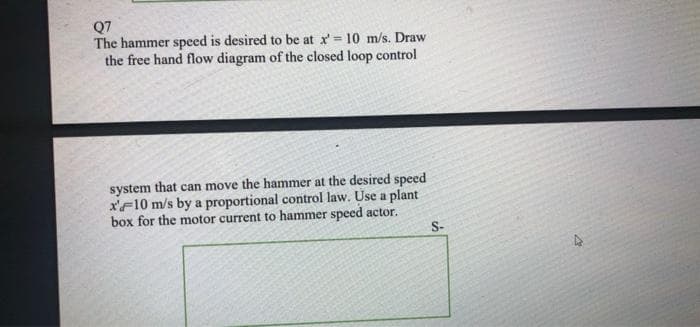 Q7
The hammer speed is desired to be at x' = 10 m/s. Draw
the free hand flow diagram of the closed loop control
system that can move the hammer at the desired speed
x'F10 m/s by a proportional control law. Use a plant
box for the motor current to hammer speed actor.
S-
