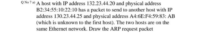 Q No 7 a) A host with IP address 132.23.44.20 and physical address
B2:34:55:10:22:10 has a packet to send to another host with IP
address 130.23.44.25 and physical address A4:6E:F4:59:83: AB
(which is unknown to the first host). The two hosts are on the
same Ethernet network. Draw the ARP request packet
