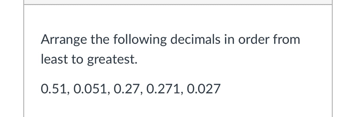 Arrange the following decimals in order from
least to greatest.
0.51, 0.051, 0.27, 0.271, 0.027

