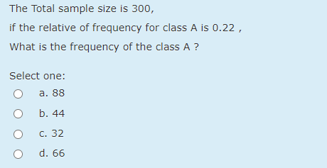 The Total sample size is 300,
if the relative of frequency for class A is 0.22 ,
What is the frequency of the class A ?
Select one:
а. 88
b. 44
С. 32
d. 66
