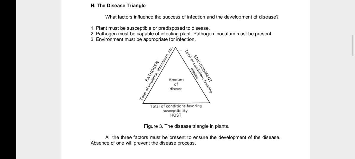 H. The Disease Triangle
What factors influence the success of infection and the development of disease?
1. Plant must be susceptible or predisposed to disease.
2. Pathogen must be capable of infecting plant. Pathogen inoculum must be present.
3. Environment must be appropriate for infection.
Amount
of
disease
Total of conditions favoring
susceptibility
HOST
Figure 3. The disease triangle in plants.
All the three factors must be present to ensure the development of the disease.
Absence of one will prevent the disease process.
ENVIRONMENT
Total of conditions favoring
disease
PATHOGEN
Total of virulence, abundance, etc.
