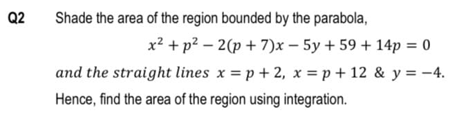 Q2
Shade the area of the region bounded by the parabola,
x² + p? – 2(p + 7)x – 5y + 59 + 14p = 0
and the straight lines x = p + 2, x = p + 12 & y = -4.
Hence, find the area of the region using integration.

