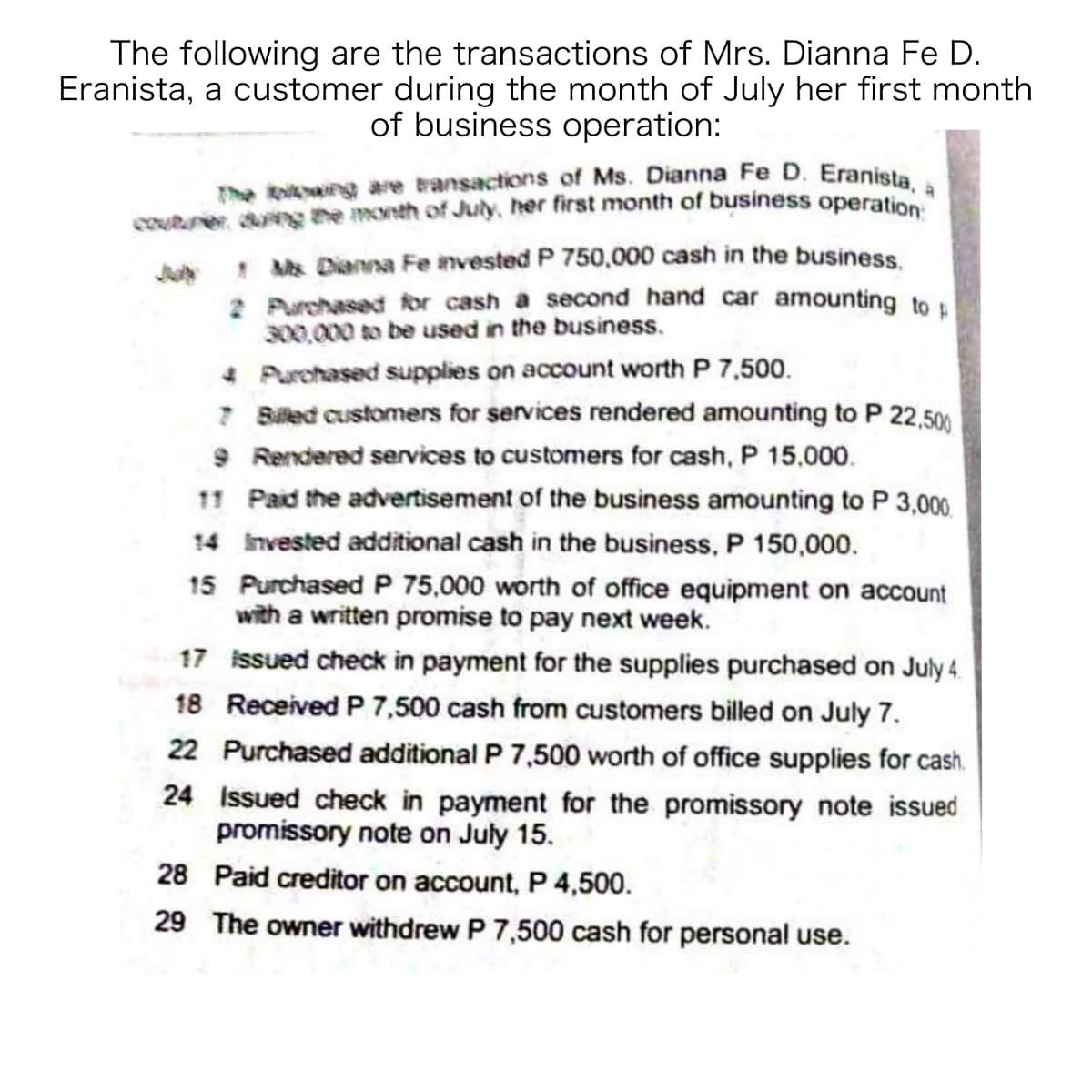 The koi are transactions of Ms. Dianna Fe D. Eranista, a
The following are the transactions of Mrs. Dianna Fe D.
Eranista, a customer during the month of July her first month
of business operation:
coutner dng the month of July, her first month of business operatio
! Ms Dianna Fe invested P 750,000 cash in the business
2 Purchased for cash a second hand car amounting to
00,000 to be used in the business.
4 Purchased supplies on account worth P 7,500.
7 Biled customers for services rendered amounting to P 22,500
9 Rendered services to customers for cash, P 15,000.
11 Paid the advertisement of the business amounting to P 3,000.
14 invested additional cash in the business, P 150,000.
15 Purchased P 75,000 worth of office equipment on account
with a written promise to pay next week.
17 issued check in payment for the supplies purchased on July 4.
18 Received P 7,500 cash from customers billed on July 7.
22 Purchased additional P 7,500 worth of office supplies for cash.
24 Issued check in payment for the promissory note issued
promissory note on July 15.
28 Paid creditor on account, P 4,500.
29 The owner withdrew P 7,500 cash for personal use.
