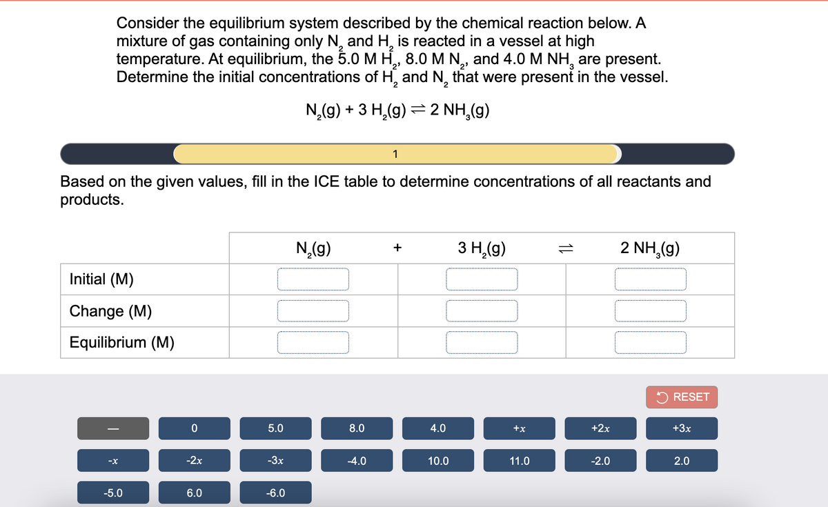 Consider the equilibrium system described by the chemical reaction below. A
mixture of gas containing only N, and H, is reacted in a vessel at high
2.
2
temperature. At equilibrium, the 5.0 M H, 8.0M N,, and 4.0 M NH, are present.
2'
Determine the initial concentrations of H, and N, that were present in the vessel.
2
N,(g) + 3 H,(g) =2 NH,(g)
1
Based on the given values, fill in the ICE table to determine concentrations of all reactants and
products.
N,(g)
3 H,(g)
2 NH,(g)
Initial (M)
Change (M)
Equilibrium (M)
5 RESET
5.0
8.0
4.0
+x
+2x
+3x
-2x
-3x
-4.0
10.0
11.0
-2.0
2.0
-X
-5.0
6.0
-6.0
1L
