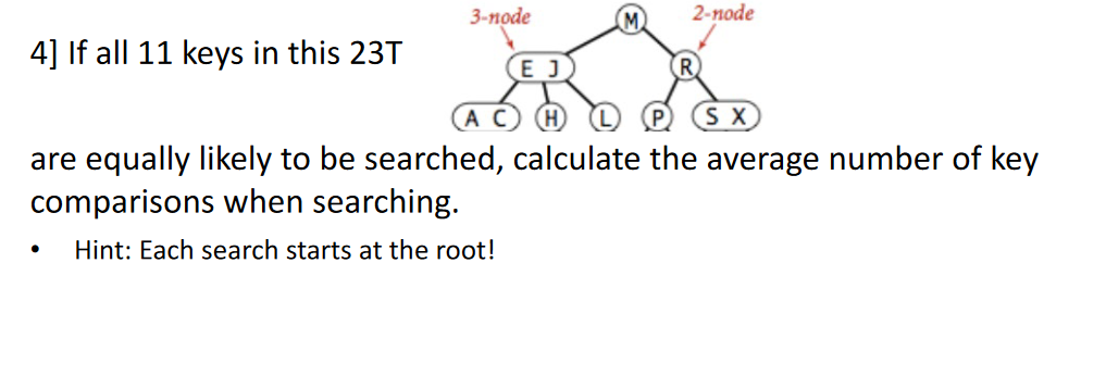 3-поde
M
2-node
4] If all 11 keys in this 23T
EJ
AC H
S X
are equally likely to be searched, calculate the average number of key
comparisons when searching.
Hint: Each search starts at the root!
