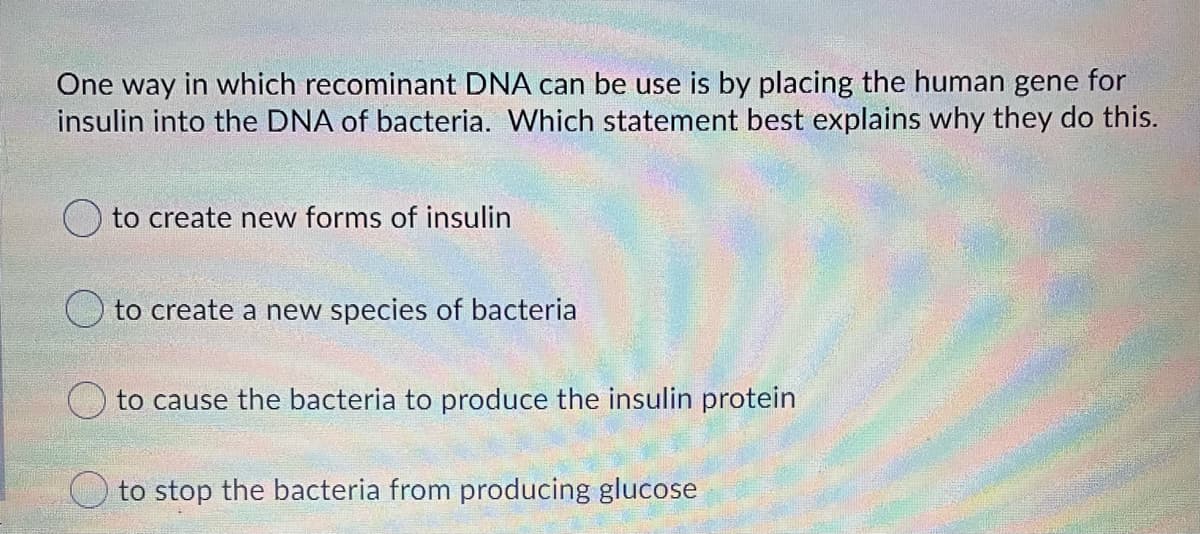 One way in which recominant DNA can be use is by placing the human gene for
insulin into the DNA of bacteria. Which statement best explains why they do this.
to create new forms of insulin
to create a new species of bacteria
to cause the bacteria to produce the insulin protein
O to stop the bacteria from producing glucose
