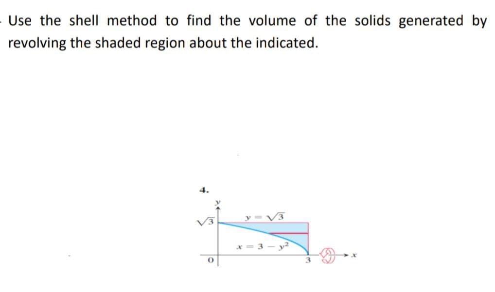 Use the shell method to find the volume of the solids generated by
revolving the shaded region about the indicated.
2
O
3