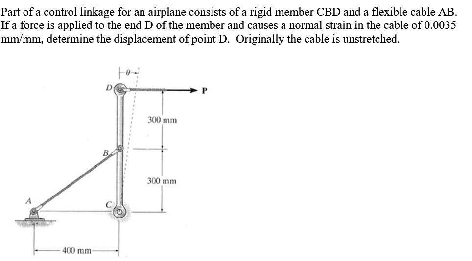 Part of a control linkage for an airplane consists of a rigid member CBD and a flexible cable AB.
If a force is applied to the end D of the member and causes a normal strain in the cable of 0.0035
mm/mm, determine the displacement of point D. Originally the cable is unstretched.
P
300 mm
B
300 mm
400 mm-

