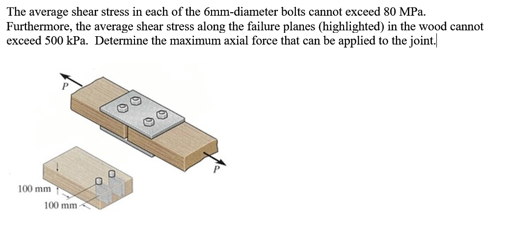 The average shear stress in each of the 6mm-diameter bolts cannot exceed 80 MPa.
Furthermore, the average shear stress along the failure planes (highlighted) in the wood cannot
exceed 500 kPa. Determine the maximum axial force that can be applied to the joint.
100 mm
100 mm

