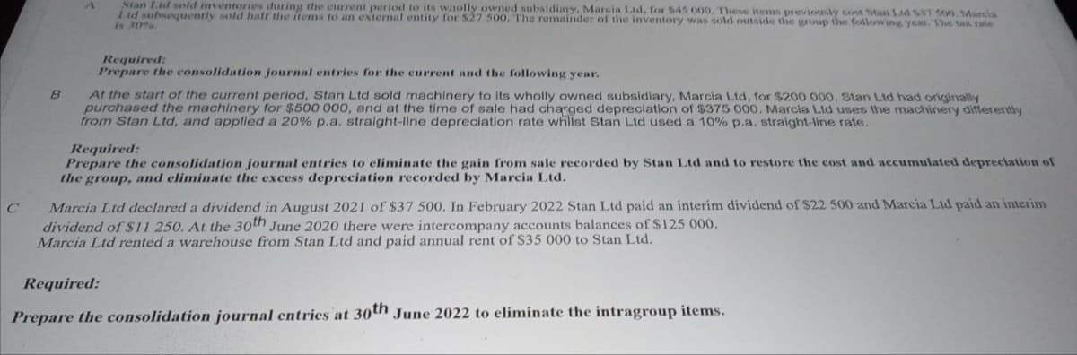 Stan Lid sold inventories during the current period to its wholly owned subsidiary, Marcia Ltd, for $45 000, These items previously cont Stan S46 S37500,Marca
Ltd subsequently sold halt the items to an external entity for $27 500. The remainder of the inventory was ssold outside the group the following year. The tax rate
is 30
Required:
Prepare the consolidation journal entries for the current and the following year.
At the start of the current period, Stan Ltd sold machinery to its wholly owned subsidiary, Marcia Ltd, for $200 000, Stan Ltd had originally
purchased the machinery for $500 000, and at the time of sale had charged depreciation of $375 000. Marcia Ltd uses the machinery differently
from Stan Ltd, and appled a 20% p.a. straight-line depreciation rate whilst Stan Ltd used a 10% p.a. straight-line rate.
B
Required:
Prepare the consolidation journal entries to eliminate the gain from sale recorded by Stan Ltd and to restore the cost and accumulated depreciation of
the group, and climinate the excess depreciation recorded by Marcia Ltd.
Marcia Ltd declared a dividend in August 2021 of $37 500. In February 2022 Stan Ltd paid an interim dividend of $22 500 and Marcia Ltd paid an interim
dividend of $11 250. At the 30th June 2020 there were intercompany accounts balances of $125 000.
Marcia Ltd rented a warehouse from Stan Ltd and paid annual rent of $35 000 to Stan Ltd.
Required:
Prepare the consolidation journal entries at 30th June 2022 to eliminate the intragroup items.
