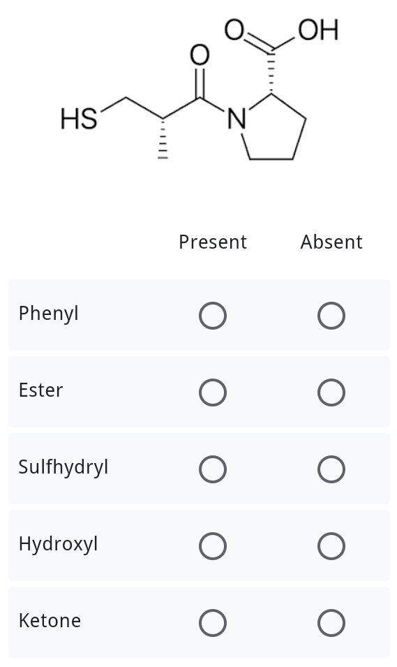 ОН
HS
`N'
Present
Absent
Phenyl
Ester
Sulfhydryl
Hydroxyl
Ketone
..||
