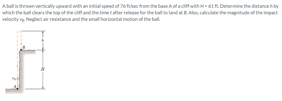 A ball is thrown vertically upward with an initial speed of 76 ft/sec from the base A of a cliff with H = 61 ft. Determine the distance h by
which the ball clears the top of the cliff and the time t after release for the ball to land at B. Also, calculate the magnitude of the impact
velocity vg. Neglect air resistance and the small horizontal motion of the ball.
vo
A.
