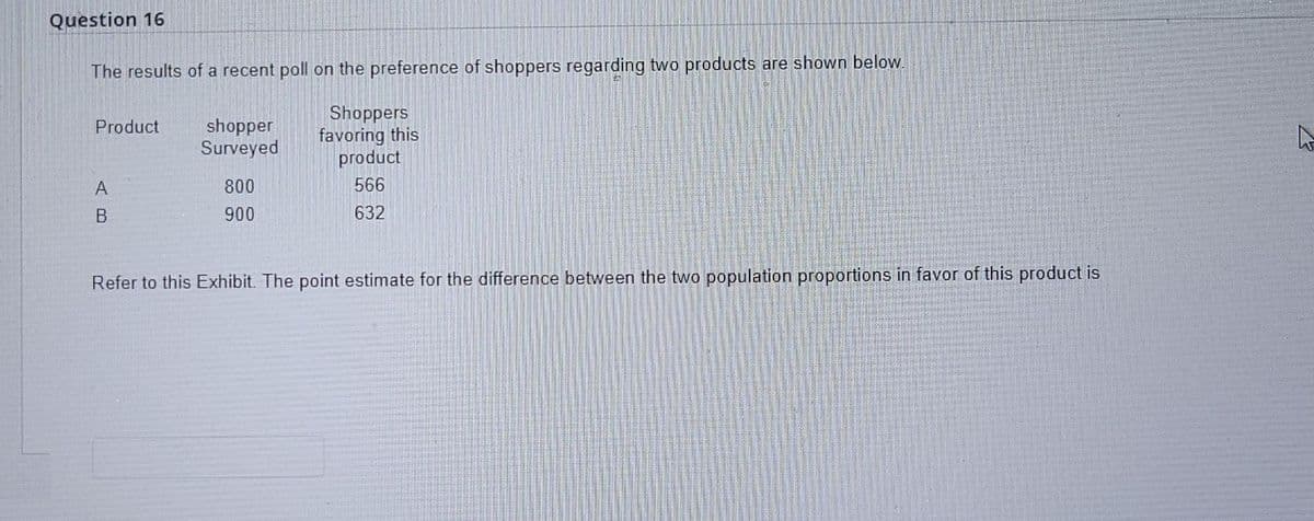 Question 16
The results of a recent poll on the preference of shoppers regarding two products are shown below.
Shoppers
Product
shopper
Surveyed
favoring this
product
A
800
566
B
900
632
Refer to this Exhibit. The point estimate for the difference between the two population proportions in favor of this product is
W
D