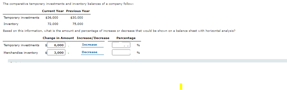 The comparative temporary investments and inventory balances of a company follow:
Current Year Previous Year
Temporary investments
$36,000
$30,000
Inventory
72,000
75,000
Based on this information, what is the amount and percentage of increase or decrease that would be shown on a balance sheet with horizontal analysis?
Change in Amount Increase/Decrease
Percentage
Temporary investments
6,000
Increase
%
Merchandise inventory
3,000
Decrease
