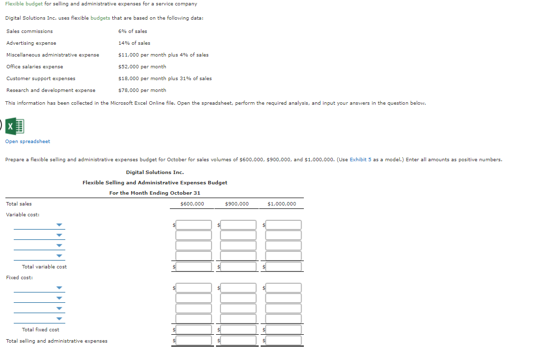 Flexible budget for selling and administrative expenses for a service company
Digital Solutions Inc. uses flexible budgets that are based on the following data:
Sales commissions
6% of sales
Advertising expense
14% of sales
Miscellaneous administrative expense
$11,000 per month plus 4% of sales
Office salaries expense
$52,000 per month
Customer support expenses
$18,000 per month plus 31% of sales
Research and development expense
$78,000 per month
This information has been collected in the Microsoft Excel Online file. Open the spreadsheet, perform the required analysis, and input your answers in the question below.
Open spreadsheet
Prepare a flexible selling and administrative expenses budget for October for sales volumes of $600,000, $900,000, and $1,000,00o. (Use Exhibit 5 as a model.) Enter all amounts as positive numbers.
Digital Solutions Inc.
Flexible Selling and Administrative Expenses Budget
For the Month Ending October 31
Total sales
$600,000
$900,000
$1,000,000
Variable cost:
Total variable cost
Fixed cost:
Total fixed cost
Total selling and administrative expenses
