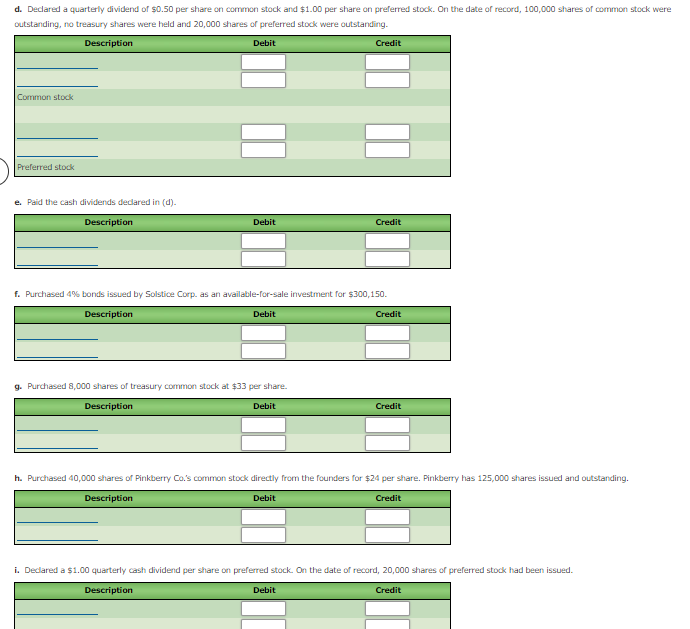 d. Declared a quarterly dividend of s0.50 per share on common stock and $1.00 per share on preferred stock. On the date of record, 100,000 shares of common stock were
outstanding, no treasury shares were held and 20,000 shares of preferred stock were outstanding.
Description
Debit
Credit
Common stock
Preferred stock
e. Paid the cash dividends declared in (d).
Description
Debit
Credit
f. Purchased 4% bonds issued by Solstice Corp. as an available-for-sale investment for $300,150.
Description
Debit
Credit
g. Purchased 8,000 shares of treasury common stock at $33 per share.
Description
Debit
Credit
h. Purchased 40,000 shares of Pinkberry Co.'s common stock directly from the founders for $24 per share. Pinkberry has 125,000 shares issued and outstanding.
Description
Debit
Credit
i. Declared a $1.00 quarterly cash dividend per share on preferred stock. On the date of record, 20,000 shares of preferred stock had been issued.
Description
Debit
Credit
