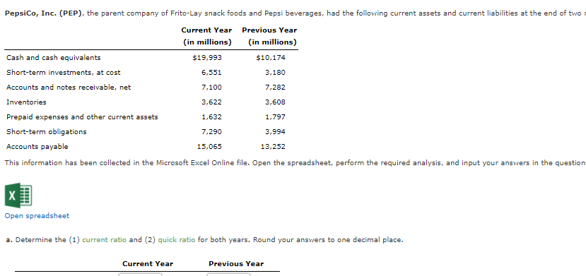 Pepsico, Inc. (PEP), the parent company of Frito-Lay snack foods and Pepsi beverages, had the following current assets and current liabilities at the end of two r
Current Year Previous Year
(in millions)
(in millions)
Cash and cash equivalents
$19,993
$10,174
Short-term investments, at cost
6,551
3,180
Accounts and notes receivable, net
7,100
7,282
Inventories
3,622
3,608
Prepaid expenses and other current assets
1,632
1,797
Short-term obligations
7,290
3,994
Accounts payable
15,065
13,252
This information has been collected in the Microsoft Excel Online file. Op
the spreadsheet, perform the required analysis, and input your
ers in the question:
Open spreadsheet
a. Determine the (1) current ratio and (2) quick ratio for both years. Round your answers to one decimal place.
Current Year
Previous Year
