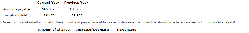 Current Year
Previous Year
Accounts payable
$46,052
$39,700
Long-term debt
36,177
38,900
Based on this information, what is the amount and percentage of increase or decrease that would be shown on a balance sheet with horizontal analysis?
Amount of Change
Increase/Decrease
Percentage
