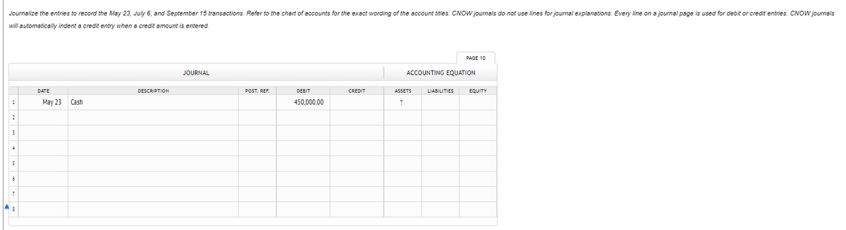 Journalize the entries to record the May 23, July 6, and September 15 transactions. Refer to the chart of accounts for the exact wording of the account titles. CNOW journals do not use lines for journal explanations. Every line on a journal page is used for debit or credit entries. CNOW journals
will automatically indent a credit entry when a credit amount is entered.
PAGE 10
JOURNAL
ACCOUNTING EQUATION
DATE
DESCRIPTION
POST. REF.
DEBIT
CREDIT
ASSETS
LIABILITIES
EQUITY
May 23
Cash
450,000.00
1
2
