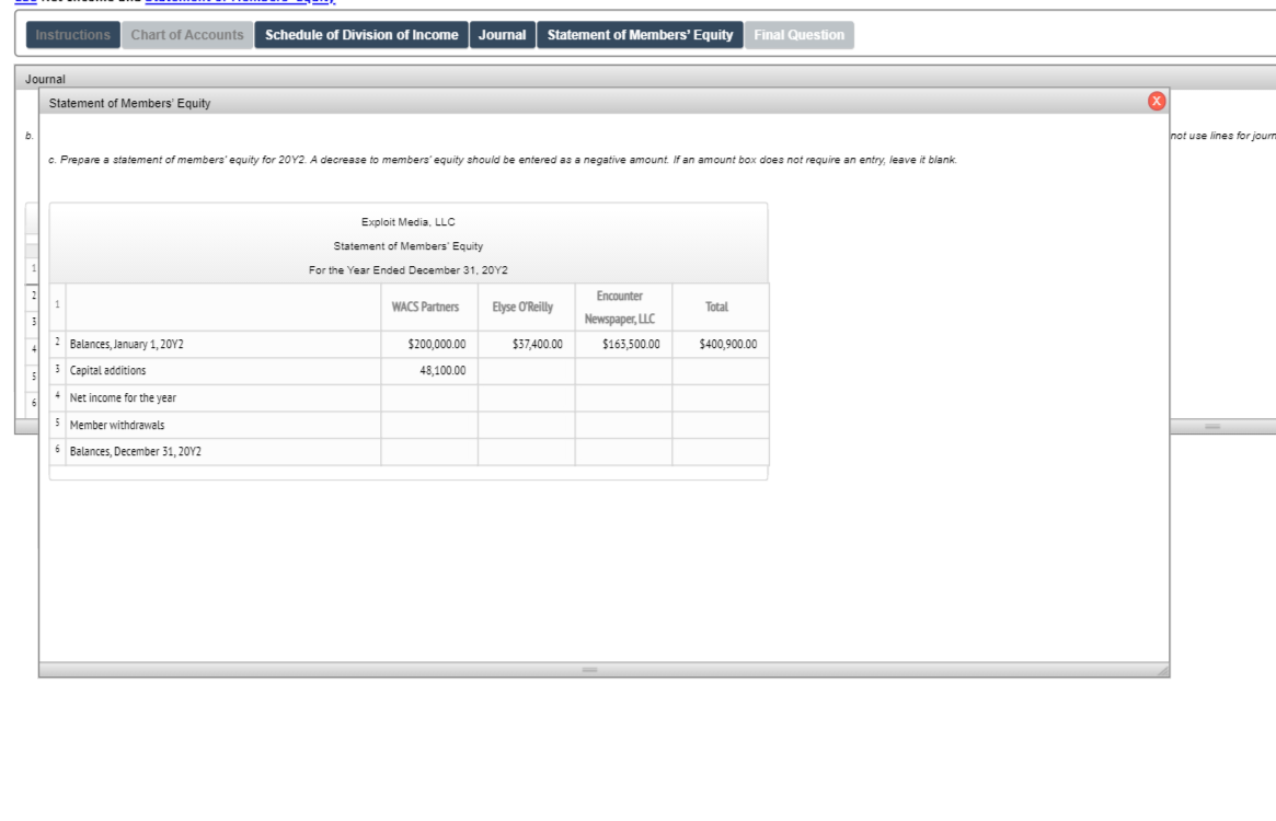 Instructions
Chart of Accounts
Schedule of Division of Income
Journal
Statement of Members' Equity
Final Question
Journal
Statement of Members' Equity
b.
not use lines for journ
c. Prepare a statement of members' equity for 20Y2. A decrease to members' equity should be entered as a negative amount. If an amount box does not require an entry, leave it blank.
Exploit Media, LLC
Statement of Members' Equity
For the Year Ended December 31, 20Y2
Encounter
WACS Partners
Elyse O'Reilly
Total
Newspaper, LLC
2 Balances, January 1, 20Y2
$200,000.00
$37,400.00
$163,500.00
$400,900.00
3 Capital additions
48,100.00
+ Net income for the year
5 Member withdrawals
6 Balances, December 31, 20Y2
| |" |* * * " °
