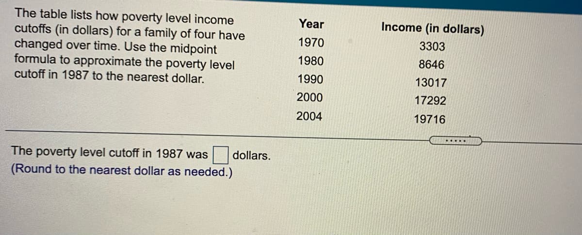 The table lists how poverty level income
cutoffs (in dollars) for a family of four have
changed over time. Use the midpoint
formula to approximate the poverty level
cutoff in 1987 to the nearest dollar.
Year
Income (in dollars)
1970
3303
1980
8646
1990
13017
2000
17292
2004
19716
The poverty level cutoff in 1987 was
dollars.
(Round to the nearest dollar as needed.)
