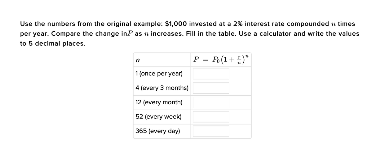 Use the numbers from the original example: $1,000 invested at a 2% interest rate compounded n times
per year. Compare the change inP as n increases. Fill in the table. Use a calculator and write the values
to 5 decimal places.
Po (1+ 5)"
r
n
P
1 (once per year)
4 (every 3 months)
12 (every month)
52 (every week)
365 (every day)

