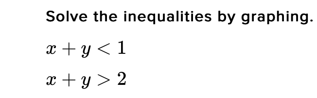Solve the inequalities by graphing.
x + y < 1
x + y > 2
