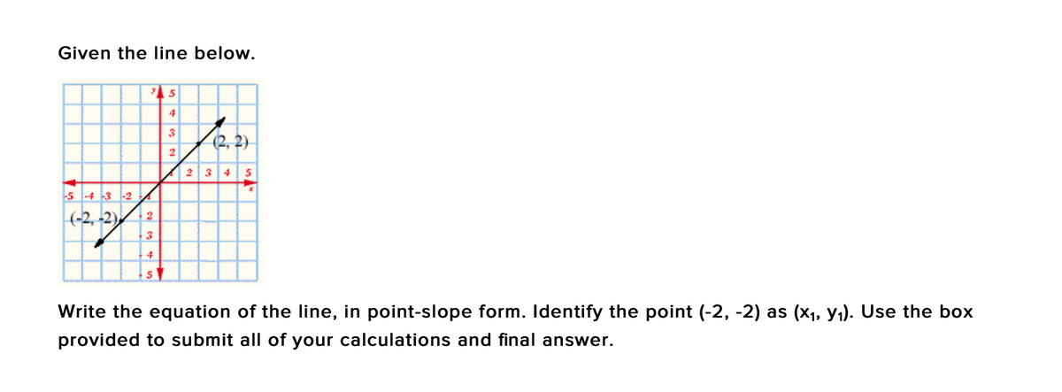 Given the line below.
4
3
(2, 2)
2
234
s -4 -3 -2
(-2, -2)
Write the equation of the line, in point-slope form. Identify the point (-2, -2) as (x1, Yı). Use the box
provided to submit all of your calculations and final answer.
