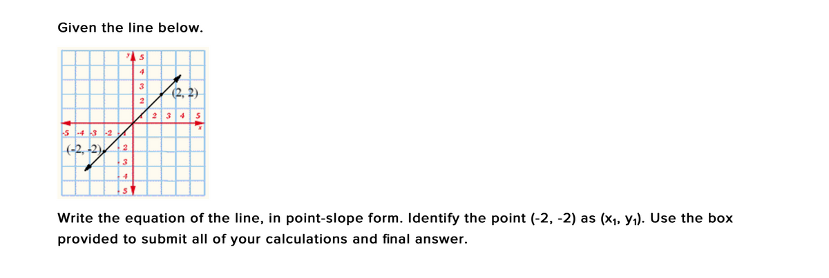 Given the line below.
4
(2, 2)
2
2 345
s -4 3 -2
(-2, -2)
2
4
Write the equation of the line, in point-slope form. Identify the point (-2, -2) as (x1, y1). Use the box
provided to submit all of your calculations and final answer.
