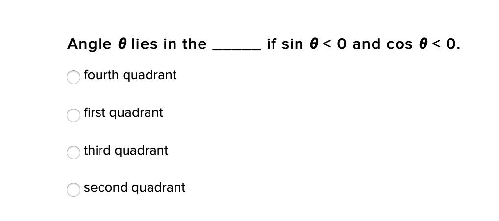 Angle 0 lies in the
if sin 0 < 0 and cos 0< 0.
fourth quadrant
first quadrant
third quadrant
second quadrant
O O O
