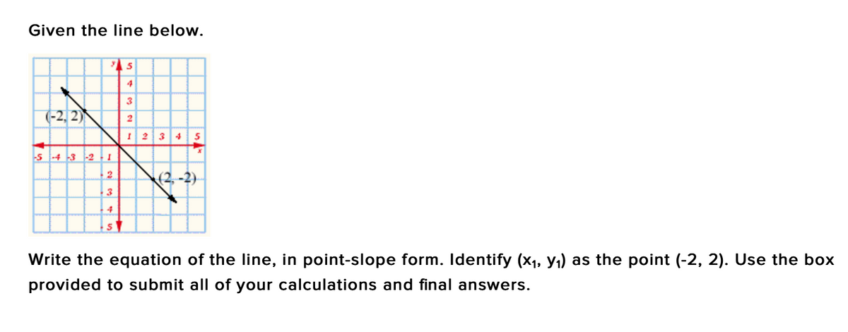 Given the line below.
4
(-2, 2)
2
2|3 45
5 -4 3 -2
(2, -2)
3
Write the equation of the line, in point-slope form. Identify (x1, y1) as the point (-2, 2). Use the box
provided to submit all of your calculations and final answers.
- ce +
