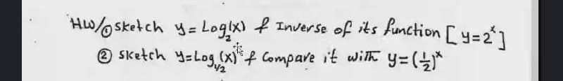 HW/o sketch y= Logix) Inverse of its function [y=2*
® sketch y=Log.(x)f Compare i't with y=(*
