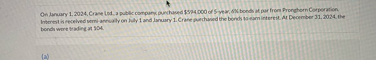 On January 1, 2024, Crane Ltd., a public company, purchased $594,000 of 5-year, 6% bonds at par from Pronghorn Corporation.
Interest is received semi-annually on July 1 and January 1. Crane purchased the bonds to earn interest. At December 31, 2024, the
bonds were trading at 104.
(a)