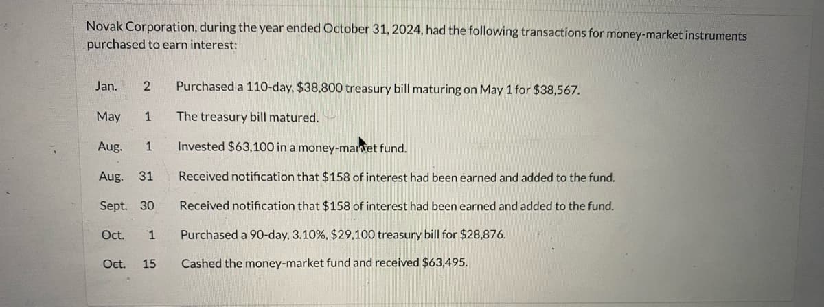 Novak Corporation, during the year ended October 31, 2024, had the following transactions for money-market instruments
purchased to earn interest:
Jan.
2 Purchased a 110-day, $38,800 treasury bill maturing on May 1 for $38,567.
May
Aug. 1
Aug. 31
Sept. 30
1
Oct. 1
Oct. 15
The treasury bill matured.
Invested $63,100 in a money-maret fund.
Received notification that $158 of interest had been earned and added to the fund.
Received notification that $158 of interest had been earned and added to the fund.
Purchased a 90-day, 3.10%, $29,100 treasury bill for $28,876.
Cashed the money-market fund and received $63,495.