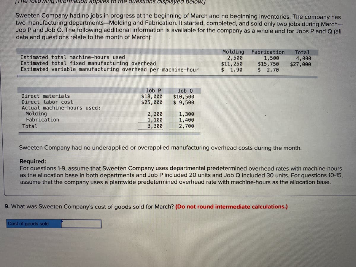 [The following information applies to the questions displayed below.]
Sweeten Company had no jobs in progress at the beginning of March and no beginning inventories. The company has
two manufacturing departments-Molding and Fabrication. It started, completed, and sold only two jobs during March-
Job P and Job Q. The following additional information is available for the company as a whole and for Jobs P and Q (all
data and questions relate to the month of March):
Estimated total machine-hours used
Estimated total fixed manufacturing overhead
Estimated variable manufacturing overhead per machine-hour
Direct materials
Direct labor cost
Actual machine-hours used:
Molding
Fabrication
Total
Job P
$18,000
$25,000
2,200
1,100
3,300
Cost of goods sold
Job Q
$10,500
$ 9,500
1,300
1,400
2,700
Molding.
2,500
$11,250
$ 1.90
Fabrication
1,500
$15,750
2.70
Sweeten Company had no underapplied or overapplied manufacturing overhead costs during the month.
Required:
For questions 1-9, assume that Sweeten Company uses departmental predetermined overhead rates with machine-hours
as the allocation base in both departments and Job P included 20 units and Job Q included 30 units. For questions 10-15,
assume that the company uses a plantwide predetermined overhead rate with machine-hours as the allocation base.
9. What was Sweeten Company's cost of goods sold for March? (Do not round intermediate calculations.)
Total
4,000
$27,000