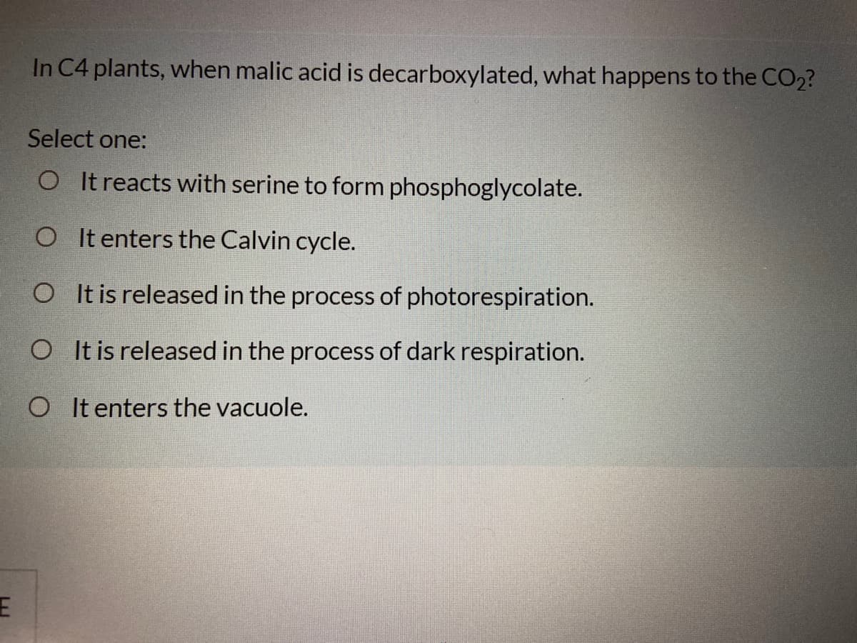 In C4 plants, when malic acid is decarboxylated, what happens to the CO2?
Select one:
O It reacts with serine to form phosphoglycolate.
O It enters the Calvin cycle.
O It is released in the process of photorespiration.
O Itis released in the process of dark respiration.
O It enters the vacuole.
