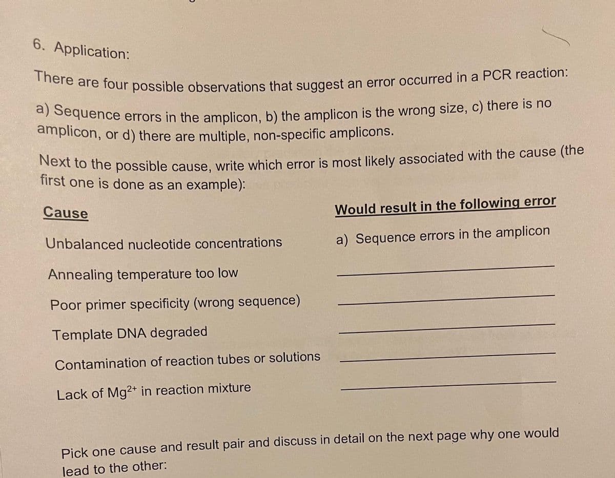 There are four possible observations that suggest an error occurred in a PCR reaction:
a) Sequence errors in the amplicon, b) the amplicon is the wrong size, c) there is no
6. Application:
e are four possible observations that suggest an error occurred in a PCR reaction:
7 Sequence errors in the amplicon, b) the amplicon is the wrong size, c) there is ho
amplicon, or d) there are multiple, non-specific amplicons.
At tô thể possible cause, write which error is most likely associated with the cause (the
first one is done as an example):
Cause
Would result in the following error
Unbalanced nucleotide concentrations
a) Sequence errors in the amplicon
Annealing temperature too low
Poor primer specificity (wrong sequence)
Template DNA degraded
Contamination of reaction tubes or solutions
Lack of Mg2+ in reaction mixture
Pick one cause and result pair and discuss in detail on the next page why one would
lead to the other:
