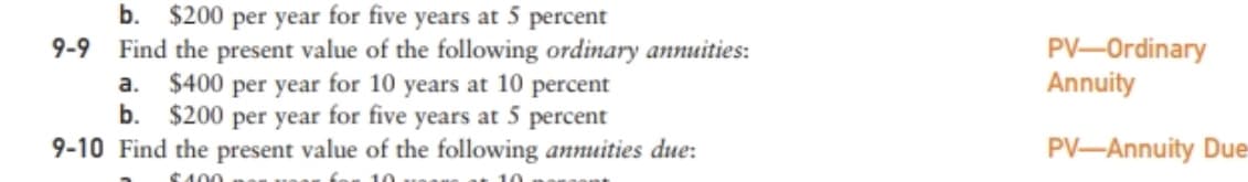 b. $200 per year for five years at 5 percent
Find the present value of the following ordinary annuities:
$400 per year for 10 years at 10 percent
b. $200 per year for five years at 5 percent
9-10 Find the present value of the following annuities due:
PV-Ordinary
Annuity
9-9
a.
PV-Annuity Due
