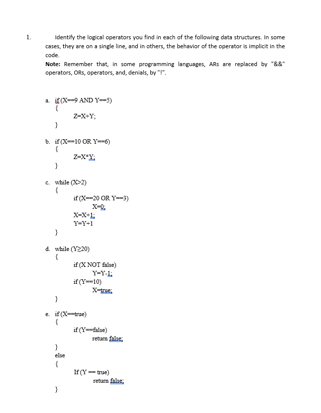 Identify the logical operators you find in each of the following data structures. In some
cases, they are on a single line, and in others, the behavior of the operator is implicit in the
1.
code.
Note: Remember that, in some programming languages, ARs are replaced by "&&"
operators, ORs, operators, and, denials, by "!".
a. if (X==9 AND Y=5)
{
Z-X+Y;
b. if (X==10 OR Y=6)
{
Z-X*Y;
}
c. while (X>2)
if (X==20 OR Y==3)
X-X+1;
Y=Y+1
d. while (Y220)
{
if (X NOT false)
Y=Y-1;
if (Y==10)
X-true;
e. if (X==true)
{
if (Y=-false)
return false;
}
else
{
If (Y =true)
return false;
}
