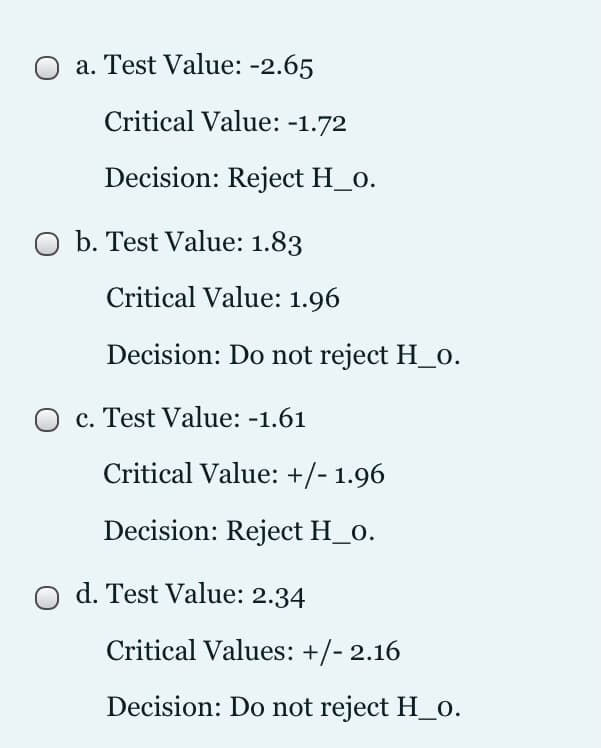 a. Test Value: -2.65
Critical Value: -1.72
Decision: Reject H_o.
O b. Test Value: 1.83
Critical Value: 1.96
Decision: Do not reject H_0.
c. Test Value: -1.61
Critical Value: +/- 1.96
Decision: Reject H_0.
d. Test Value: 2.34
Critical Values: +/- 2.16
Decision: Do not reject H_o.
