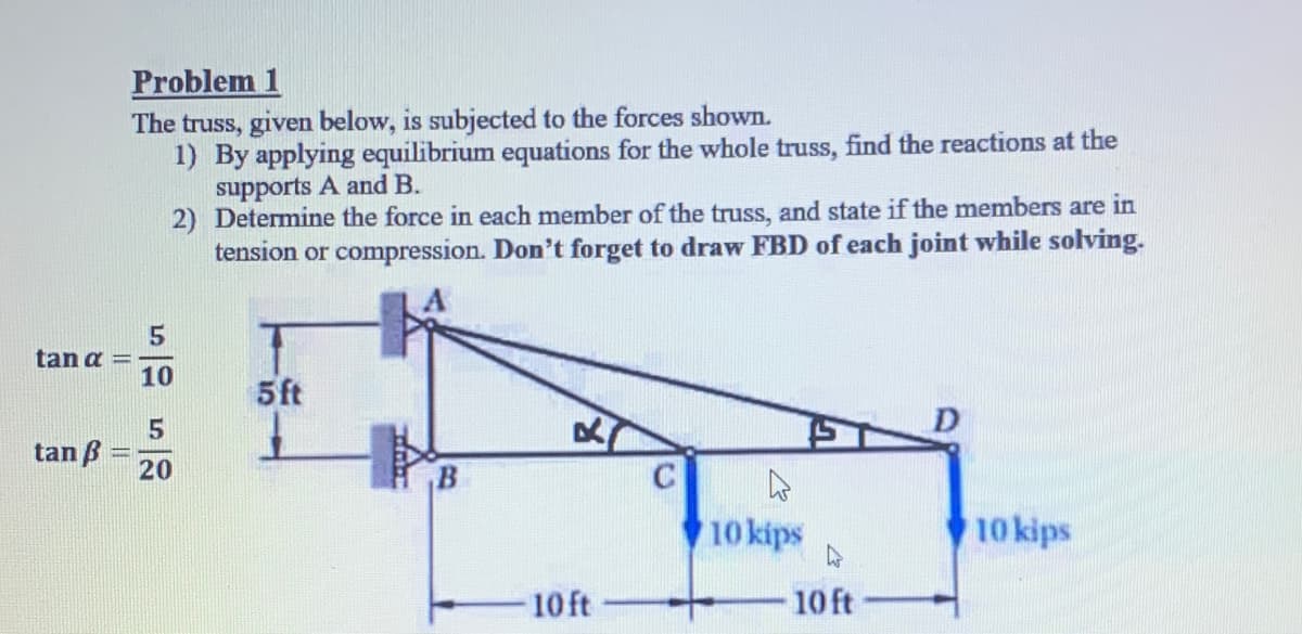 Problem 1
The truss, given below, is subjected to the forces shown.
1) By applying equilibrium equations for the whole truss, find the reactions at the
supports A and B.
2) Determine the force in each member of the truss, and state if the members are in
tension or compression. Don't forget to draw FBD of each joint while solving.
tan a =
10
5ft
5
D
tan B
20
10 kips
10 kips
10 ft
10 ft
