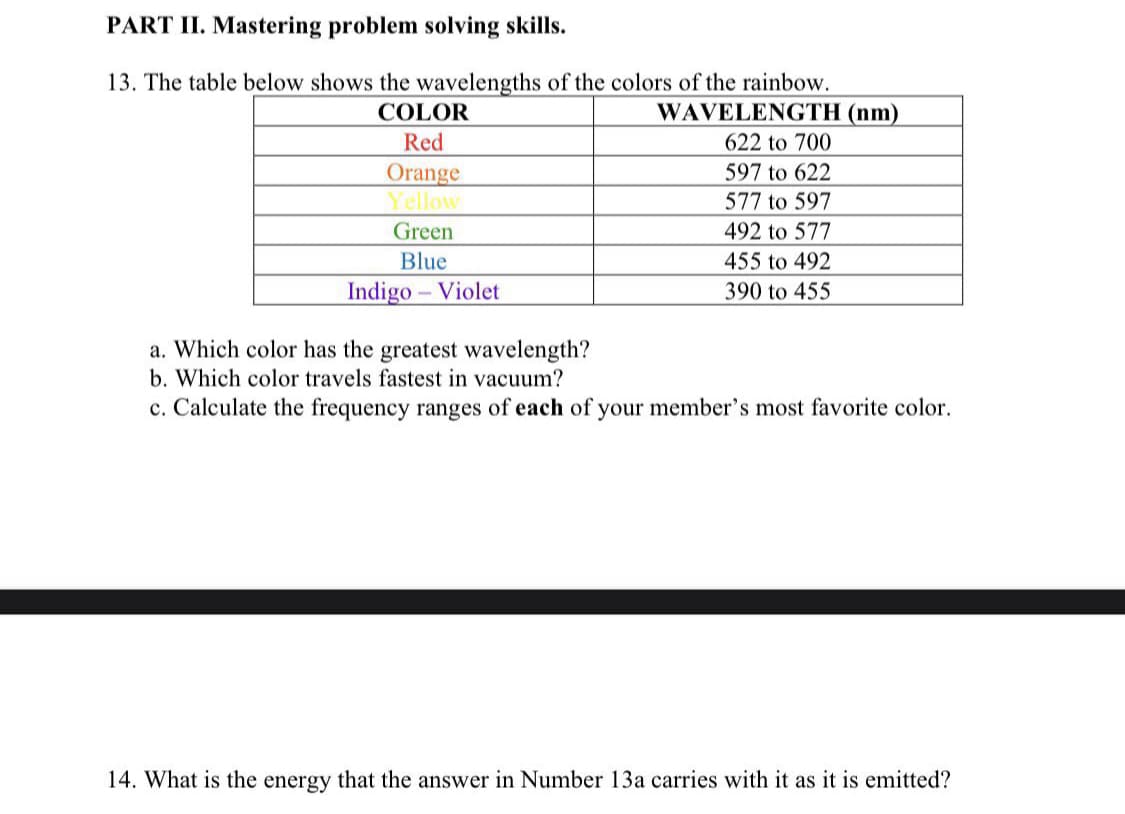PART II. Mastering problem solving skills.
13. The table below shows the wavelengths of the colors of the rainbow.
COLOR
WAVELENGTH (nm)
Red
622 to 700
597 to 622
Orange
Yellows
577 to 597
Green
492 to 577
Blue
455 to 492
Indigo - Violet
390 to 455
a. Which color has the greatest wavelength?
b. Which color travels fastest in vacuum?
c. Calculate the frequency ranges of each of your member's most favorite color.
14. What is the energy that the answer in Number 13a carries with it as it is emitted?